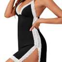 Rooscier Women's Lace Lingerie Sexy V Neck Nightwear Spaghetti Strap Nightgown Split Side Babydoll Chemise (Black, XL)