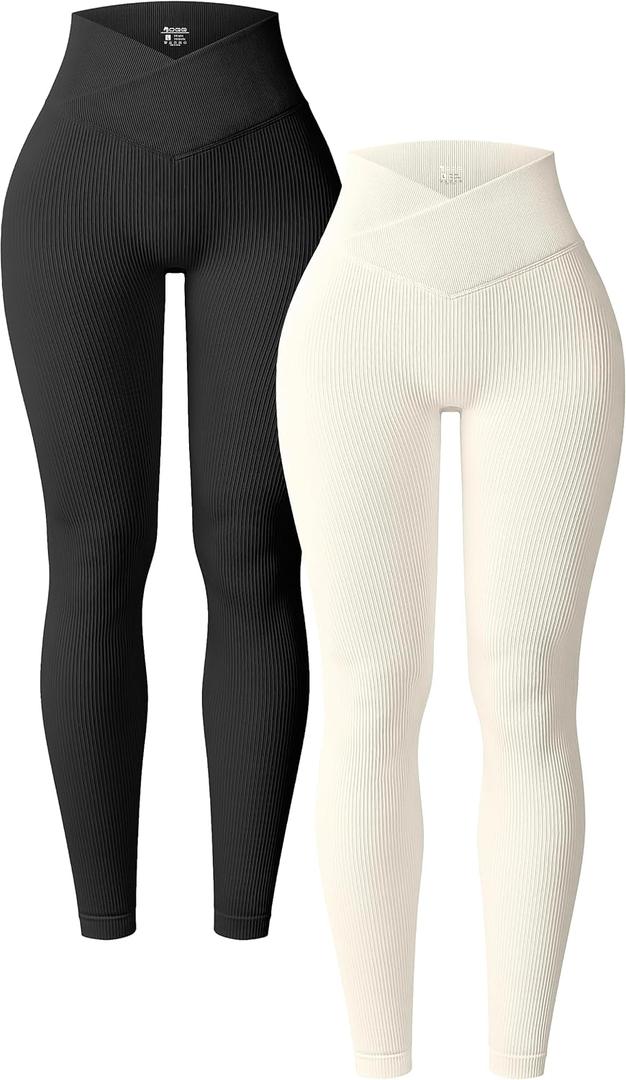 OQQ Women's 2 Piece Yoga Leggings Ribbed Seamless Workout High Waist Cross Over Athletic Exercise Leggings (Black,Beige)