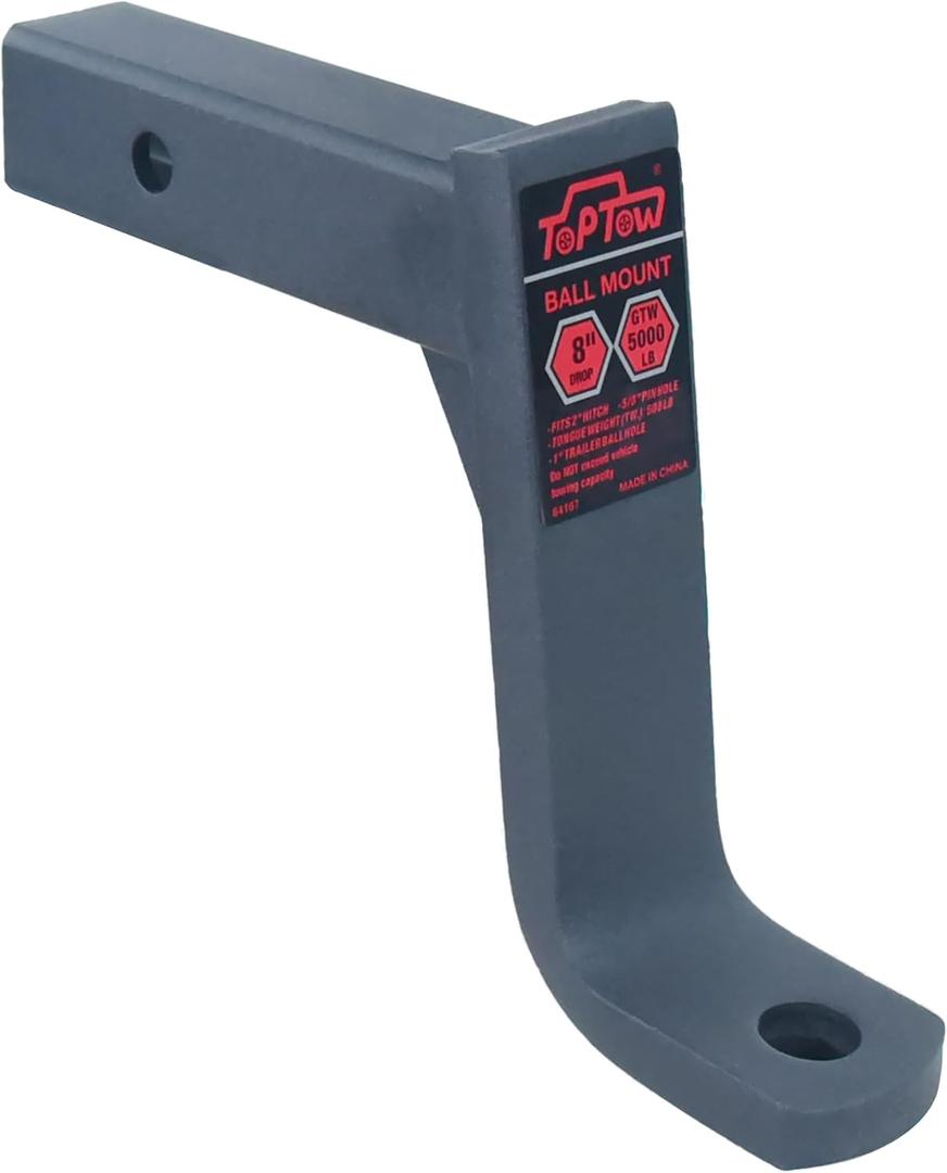 TOPTOW 64167 Trailer Hitch Ball Mount 8-inch Drop, Fits 2 inch Hitch Receiver, Matte Black