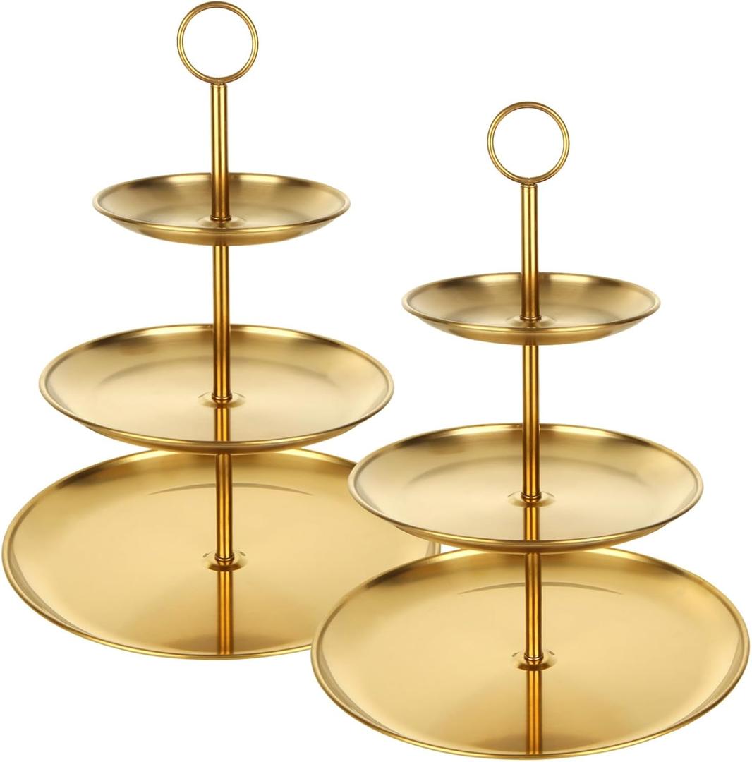 QTLCOHD 2Pcs 3 Tier Gold Cupcake Stand Stainless Steel Cupcake Tower Gold Tiered Dessert Stand Cup Cake Tier Stand Gold Serving Tray for Wedding Birthday Party