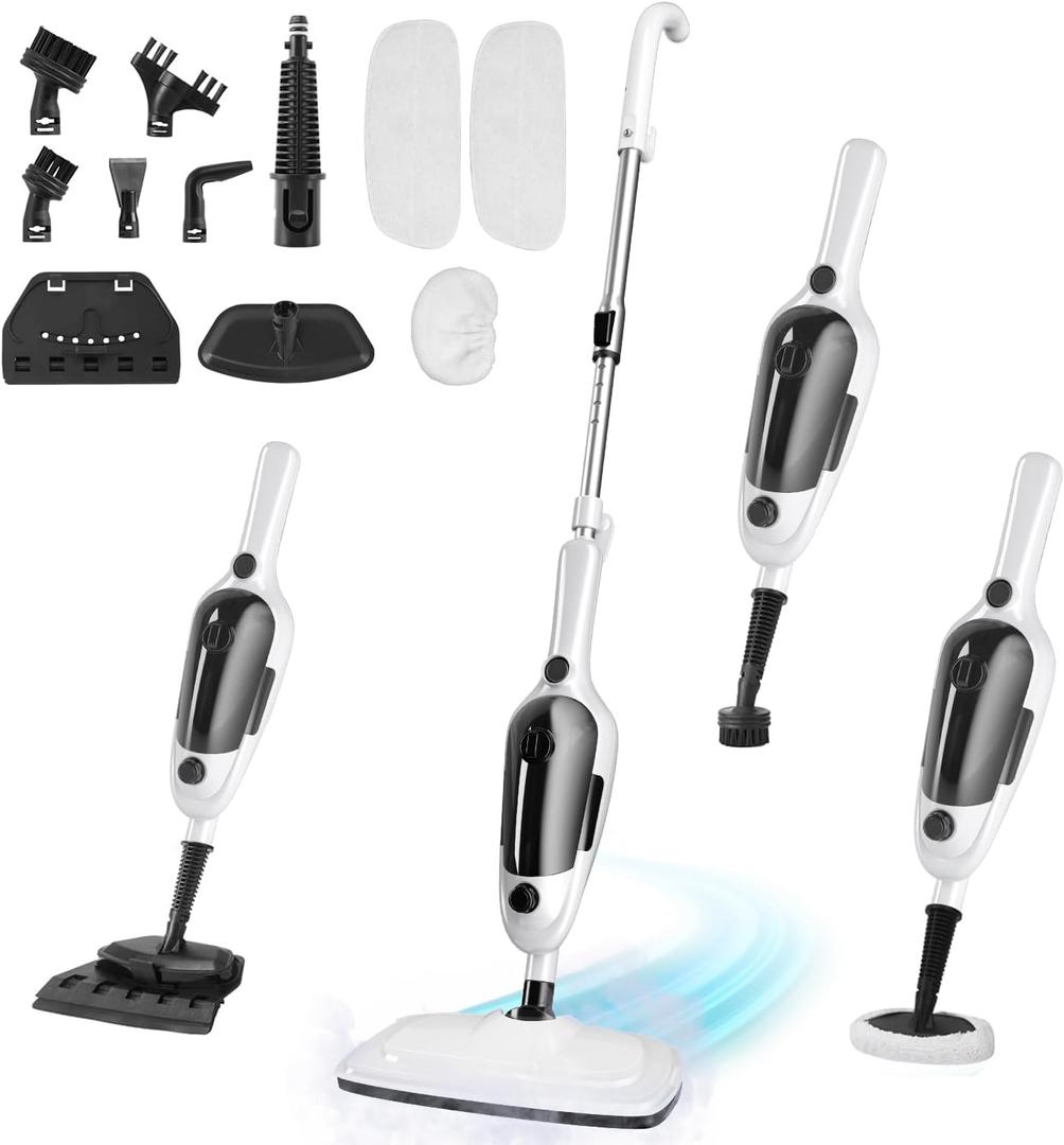 Steam Mop - 11-in-1 Steam Cleaner for Home with 15.2 OZ Water Tank & 23FT Power Cord, Detachable Steam Mops for Floor Cleaning MultiPurpose Steamer for Hardwood, Tile, Furniture with 11 Accessories (White)