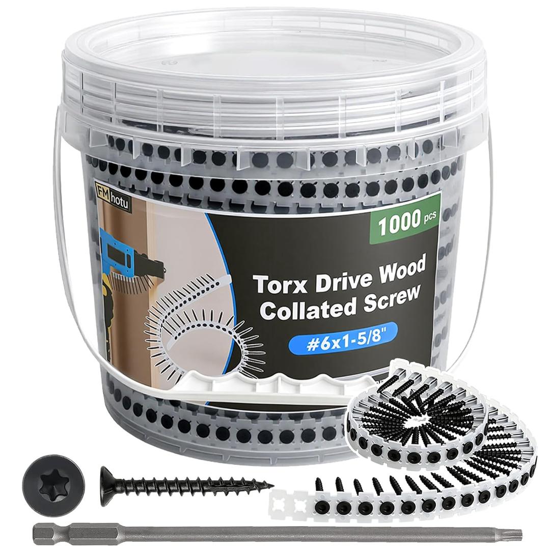#6x1-5/8 Collated Drywall Screws, 1000PCS Wood Screws with Torx Drive, Black Drywall Screws with Sharp Point & Coarse Thread, Includes Free 150MM Star Bit