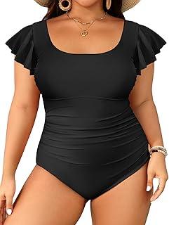 Plus Size One Piece Swimsuit - Women Tummy Control Bathing Suit Ruffle Vintage Swimwear with Sleeves (24W)