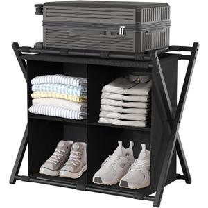 Luggage Rack for Guest Room, Folding Suitcase Stand for Bedroom Storage, Steel Luggage Stand with Waterproof Fabric, Easy to Install, Support 150 lb, Space Saving for Clothes Shoes