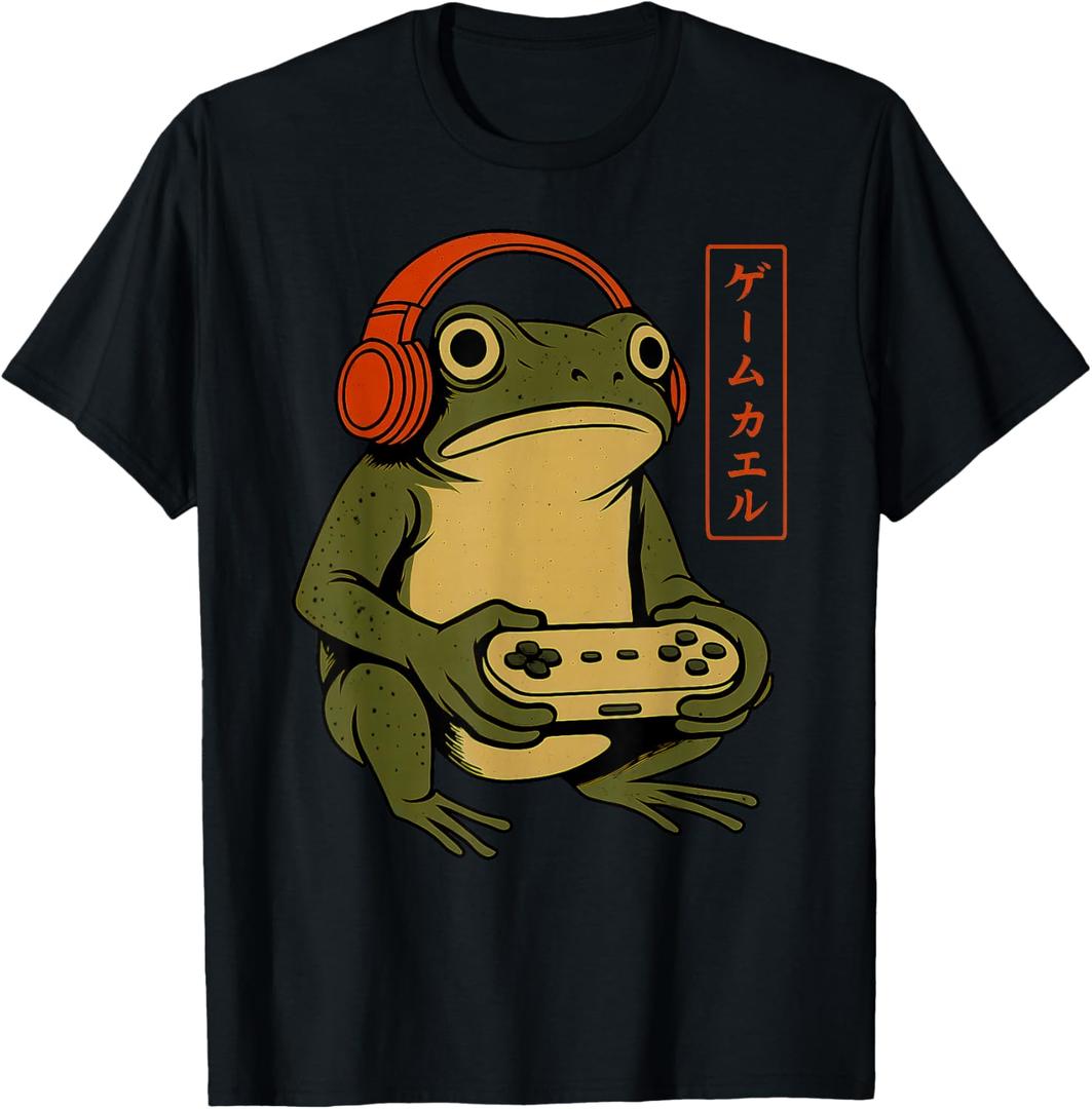 Japanese Gamer Frog Art Men Women Boys Funny Vintage Gaming T-Shirt,S