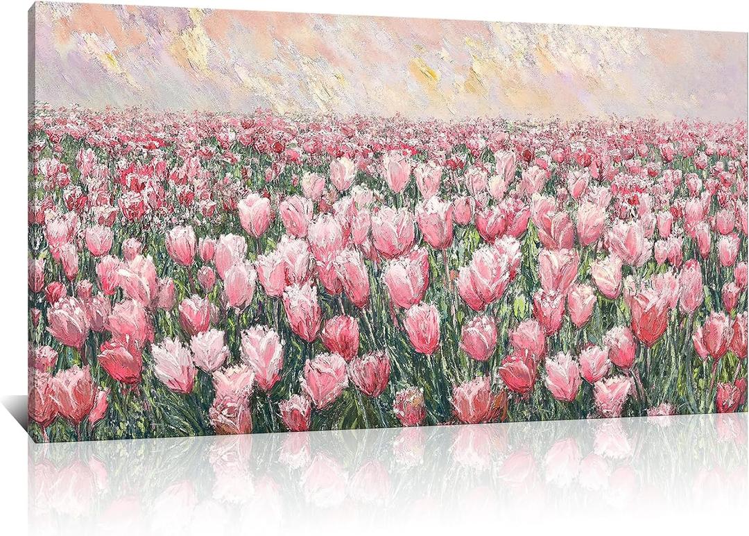 Kalormore Tulip Flower Framed Canvas Wall Art Modern Wildflower Wall Decor Large Elegant Floral Artwork for Living Room Bedroom Office (Pink), 48"L x 24"W