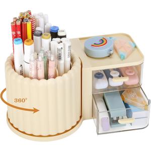 LETURE Rotating Office Desk Organizers and Accessories with 2 Drawer, Pencil Pen Marker Holder for Desk, Desktop Storage Organizers and Accessories for Office Home Art Supplies (Cream)