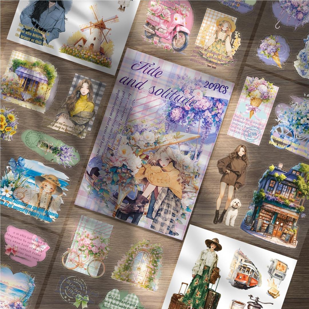 2 x MARCADORUS Scrapbook Sticker, 20 Sheets Flower Stickers, Journaling Stickers Featuring Windmills, Stamps, Cars, for Journals, Planners, Collage, Scrapbook Supplies for Holidays and Special Occasions. (5.7 x 8.2 Inch, 20 Sheets, Romantic Purple)