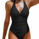 Tummy Control One Piece Swimsuits - Women Halter Bathing Suit 2025 Twist Front Cut Out Full Coverage Swimwear (X-Large, Black)