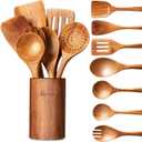 Wooden Spoons for Cooking - 8-Piece Wooden Kitchen Utensil Set made of Natural Solid Wood Material-Includes Spoons,Spatulas,Ladles,Mixing Spoon and Utensil Holder,Valentine's Day Gifts