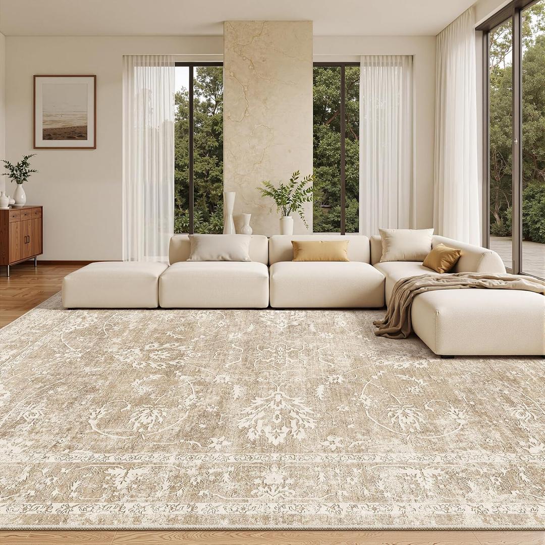Madane Living Room 10x14 Area Rugs,Washable Low Pile Non-Slip Stain Resistant Extra Large Thin Rug, Vintage Soft Throw Carpet for Dining Room Bedroom Farmhouse Home Office Decor (10 x 14, Beige/Brown)
