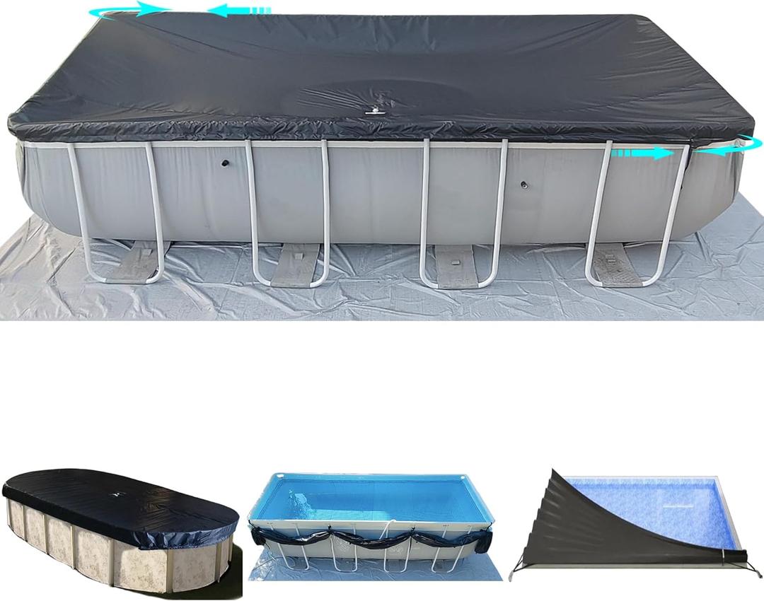 12x18Ft Rectangular Pool Cover with Side Storage for Oval and Rectangular Above Ground Pool, One-Piece Solar Oval Pool Cover, Preventing Waterlogging, UV and Weather Resistant WP:10000kPa+
