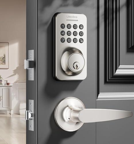 Ulecoce Keyless Entry Door Lock Deadbolt with Handle Set, Keypad Door Lock with Handle Smart Door Locks for Front Door with Set with Easy Installation, Auto Lock, Satin Nickel
