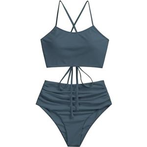 ZAFUL Women's Ruched High Waisted Tankini Swimsuit Criss Cross Bikini Set Tummy Control Bathing Suit (X-Large, Gray-320)