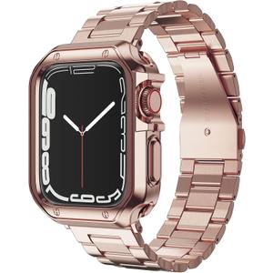 Designed for Apple Watch Band and Case, Stainless Steel Metal Chain with TPU Cover, Smart-Watch Link Bracelet Strap, Wrist-Band for i-Watch Series 9 8 7 6 5 4 3 2 1 SE, 45mm 44mm 42mm, Rose-Gold