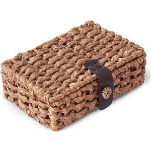 Decorative Box with Lid, Wicker Storage Basket, Water Hyacinth Woven Decorative box for Shelf, Coffee Table, Console Table, Home Decor (Small)