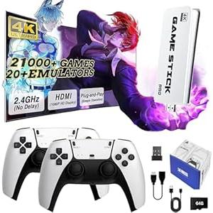 Wireless Retro Game Console Stick Builtin 20000+ Classic Games, 4K HDMI Output Nostalgia Plug & Play Retro Video Gaming Stick with 18 Emulators and Dual 2.4G Wireless Controller（64GB White）