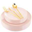 I00000 30 Guests Pink Plastic Plates for Party,Heavy Duty Pink Disposable Plates,Gold Dinnerware Set Include 30 Dinner Plates,30 Dessert Plates,30 Gold Plastic Silverware Set for Party.