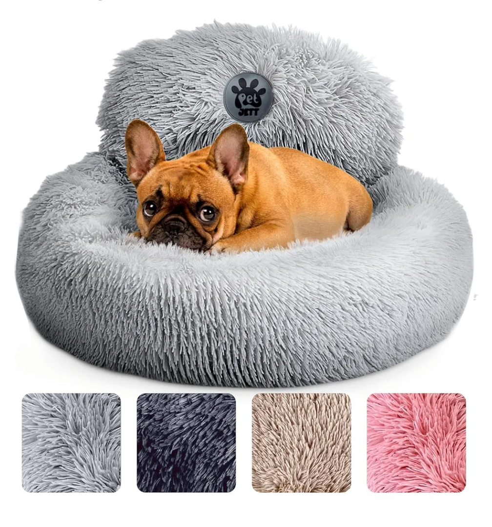 PetJett Calming Small Dog Bed - 23'' Round Dog Beds, Anti-Slip & Washable Super Soft Fluffy Plush Faux Fur Pet Bed, Anti-Anxiety Premium Comfort Donut Puppy Bed, Fits Dogs up to 25 lbs - Bright Grey