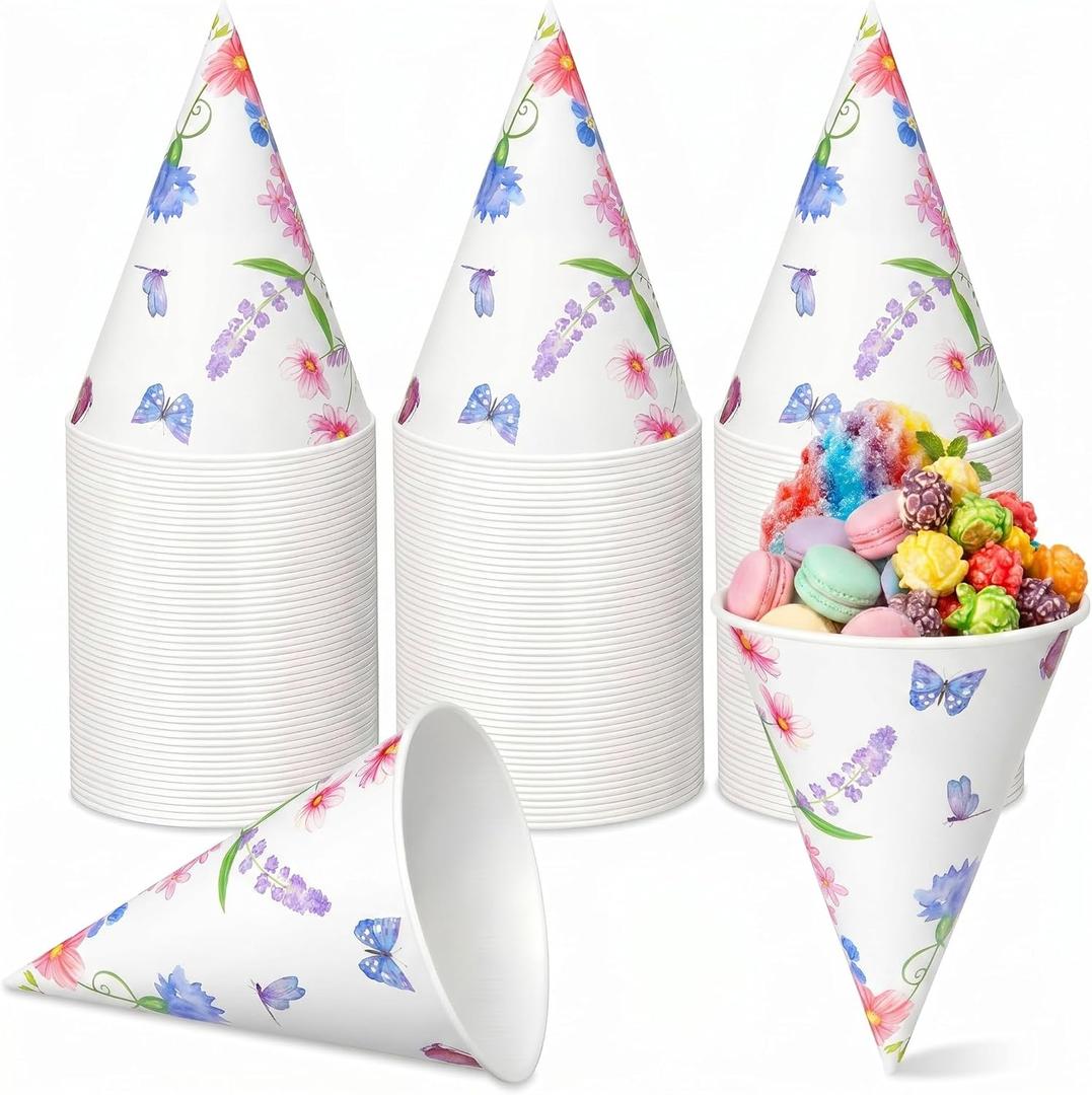 Honeydak 200 Pcs 6 oz Summer Snow Cone Cups, Butterfly Wildflower Disposable Watercolor Plant Shave Ice Cream Cups for Slush Shaved Ice Cream Sorbet for Spring Party Treats, about 4.72 x 3.35 inches, 6 oz