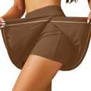 Women Swim Skirt Tummy Control Swimsuit Skirt with Built-in Shorts High Waisted Split Swim Bottom (Brown, L)