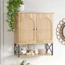 Rattan Bathroom Wall Cabinet, Boho Medicine Wall Cabinet with Double Doors and Adjustable Shelves, Tall Kitchen Wall Mounted Storage Cabinet, Floating Space Saver Over Toilet, Natural