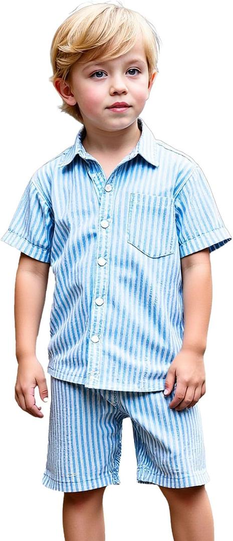 Boys Casual Hawaiian Shirts 2 Piece, Blue Button Down Shirt and Shorts Summer Beach Striped Clothes for kids (7 Years)