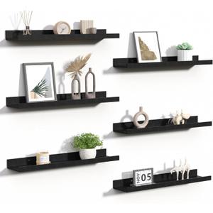 upsimples Floating Shelves for Wall, 23.6 Inch Shelves for Decor Storage Set of 6, Wall Mounted Wood Shelf for Bedroom, Living Room, Bathroom, Kitchen, Long Picture Ledge Shelves, Black