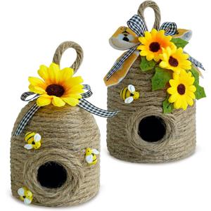 Bigger Bee Hive Decor,2 Pack Bumble Bee Rustic Decor,Natural Bee House, Bumble Bee Theme Party Decor Spring Summer Rustic Farmhouse Kitchecn Table Decor, Honeybee Tiered Tray Decor