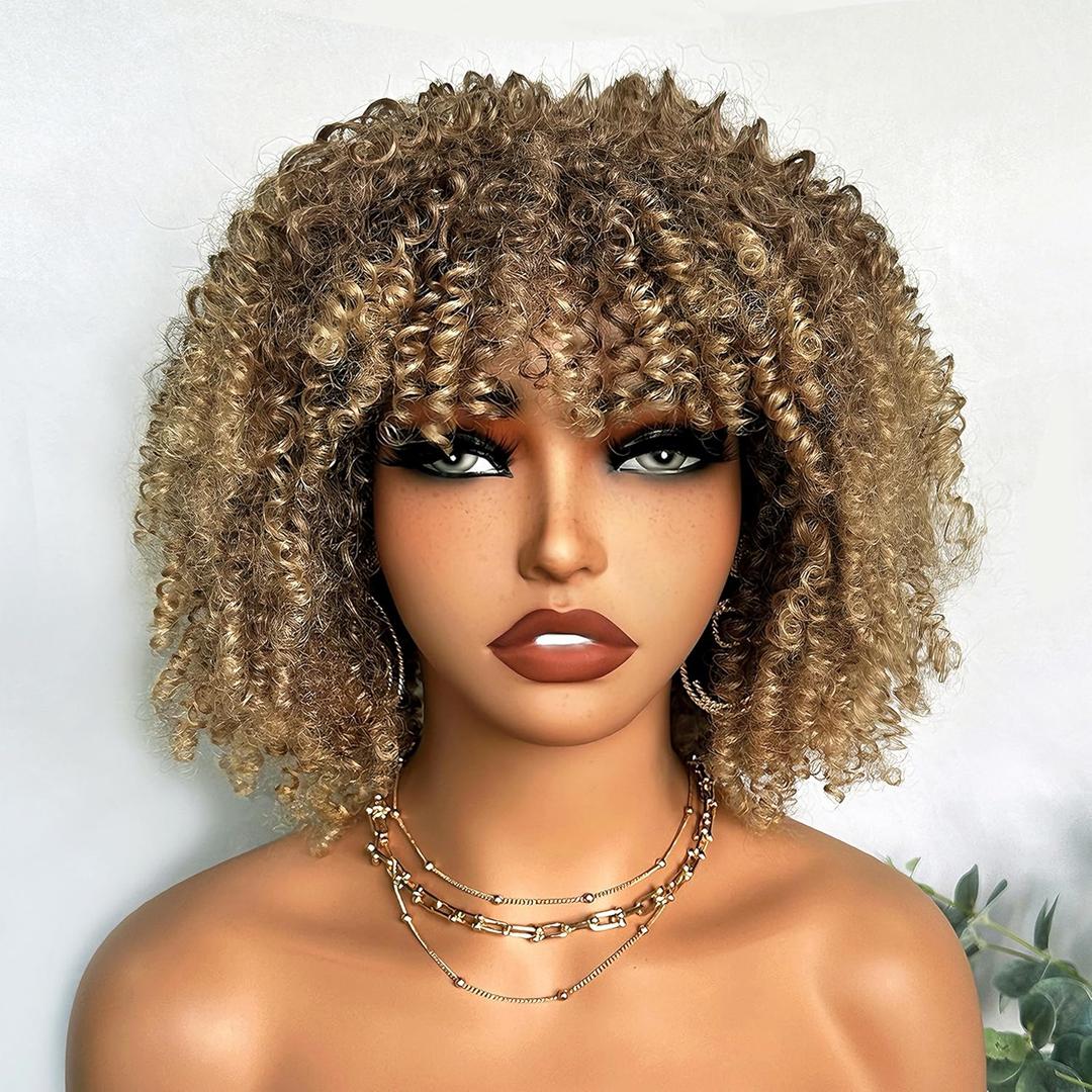 SOKU Short Kinky Curly Hair Wig for Black Women Short Curly Wig with Bangs 10 Inch Blonde Heat Friendly Womens Ready to Wear Glueless Wigs Lightweight Synthetic for Daily Party