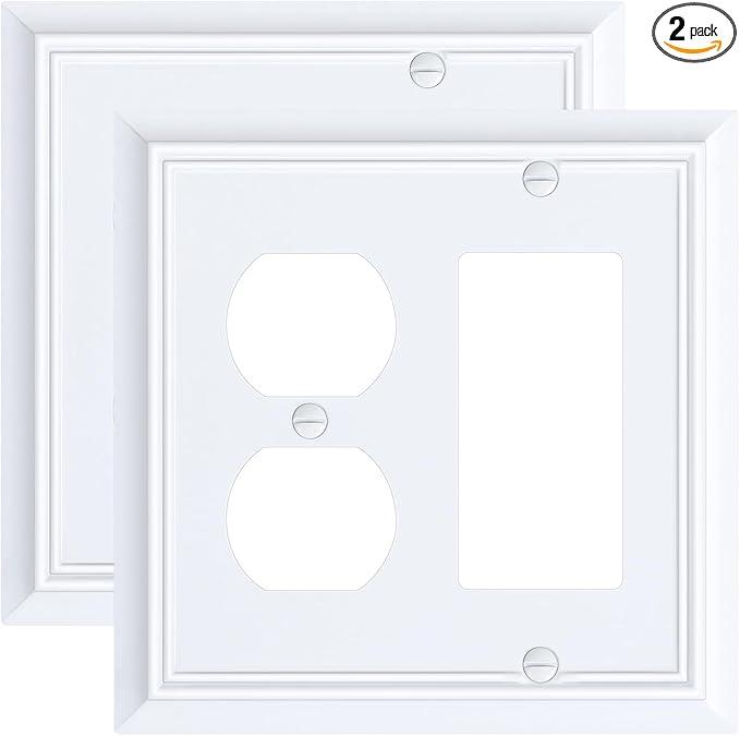 2-Pack Combo Duplex/Decorator Outlet Cover Plate, Pure White Decorative Switch Plates Covers, Durable Natural Bamboo Fiber Wall Plates for Electrical Outlets, Receptacle, GFCI Outlet, Dimmer Switch