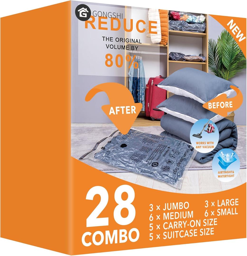 28 Pack Vacuum Seal Bags For Clothing,(3 Jumbo, 3 Large, 6 Medium, 6 Small, 5 Travel Roll Up Bags,5 Small Travel Roll Up Bags) Space Saver Bag For Clothes, Blanket, Duvets, Pillows, Comforters