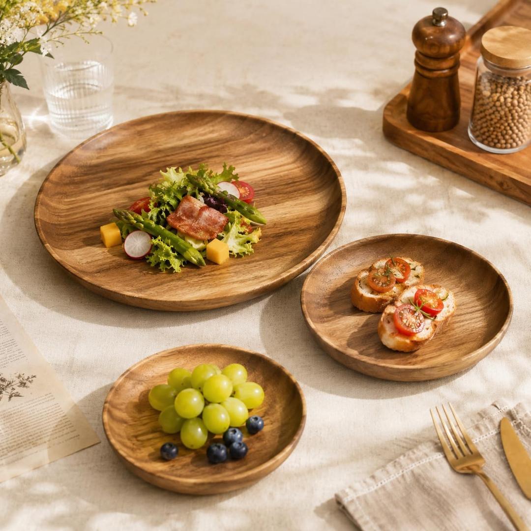 MinBoo Wooden Acacia Plates set of 3, 9-6Inch Wood Acacia Serving Trays, Farmhouse Kitchen Plates, Reusable Wooden Dishware for Dining, Appetizers, Snacks, Parties (oval)