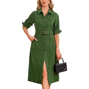 YEXPINE Women's Corduroy Midi Dress Long Sleeve Belted Button Down Shirt Long Dress with Pockets (Large, Green)