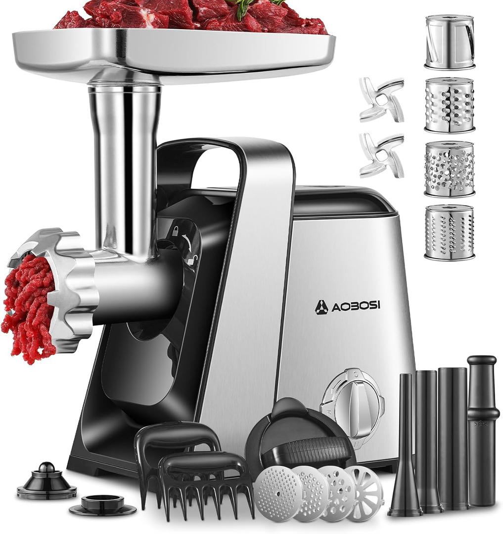 AAOBOSI #8 Meat Grinder, 6-In-1 Meat Grinder Electric [3000W Max] with 4 Slice, Shred Blades,2 Grinding Blades,4 Plates, 3 Sausage Stuffer,Kubbe Kit, Burger Press, 2 Meat Claws, for Home Kitchen Use