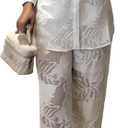 CHICME Womens Textured Two Piece Outfit Set Elegant Button Down Long Sleeve Shirt and Loose Wide Leg Pants Set (White, M)