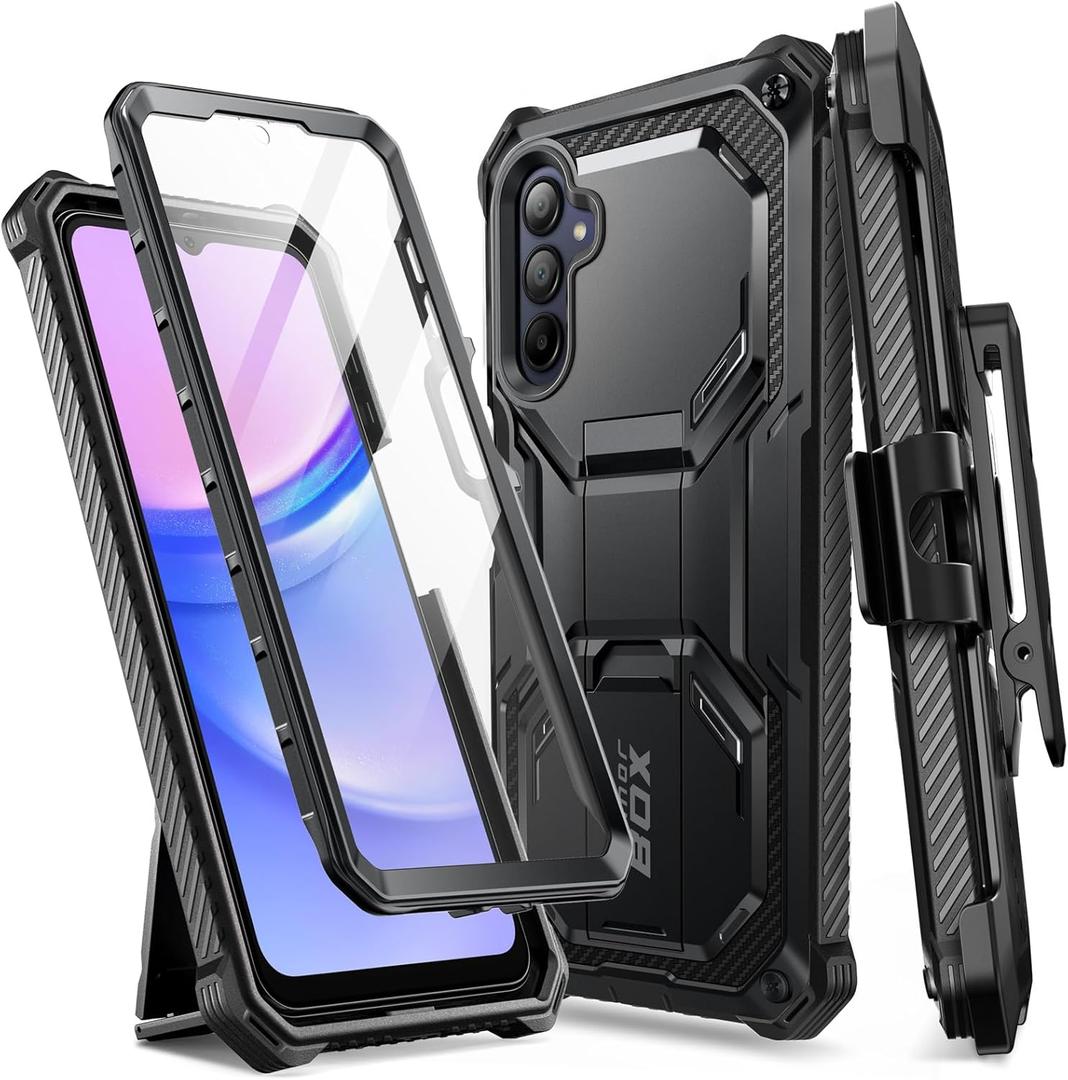 i-Blason Armorbox for Samsung Galaxy A15 5G Case with Kickstand & Belt Clip, Full-Body Rugged Bumper Case with Built-in Screen Protector (Black)