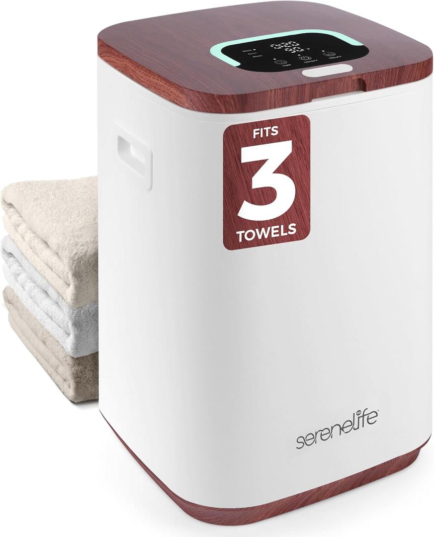 SereneLife Towel Warmer - 23L Capacity Bucket with Timer Function, Fits Up to Two Oversized Towels for Bathroom, Wood