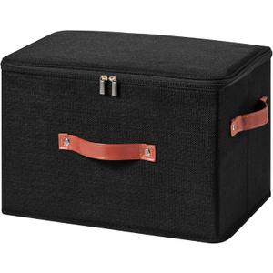 Storage Bin Box with Zippered Lid Decorative Collapsible Basket | Cotton Linen Fabric, Washable Foldable Stackable Clothes Container, Closet Shelf Organizer w/ PU Leather Handles, Black-Large