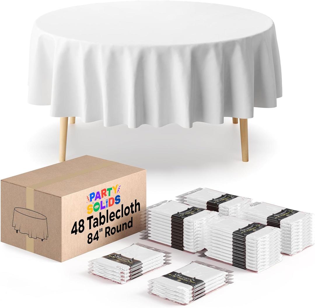 Party Solids White Round Tablecloths Plastic Table Cloth Disposable 48 Pack 84" Inch Round Table Cloth Disposable White Tablecloths Plastic Tablecloth Indoor/Outdoor Tablecloth Party Supplies
