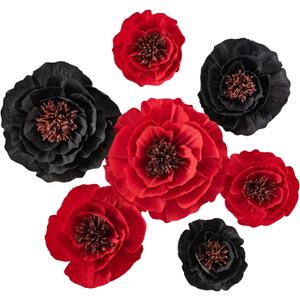 Artificial Paper Flower Decorations for Wall Backdrop Wedding, Giant Paper Flowers, Handcrafted Flowers for Birthday Baby Shower Bridal Shower Nursery Decor(Black & Red Set 7)