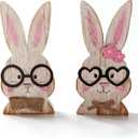Wooden Easter Bunny Decorations Set of 2, Rustic Farmhouse Antique White Rabbit Shaped Tabletop Signs for Spring Easter Home Office Decor