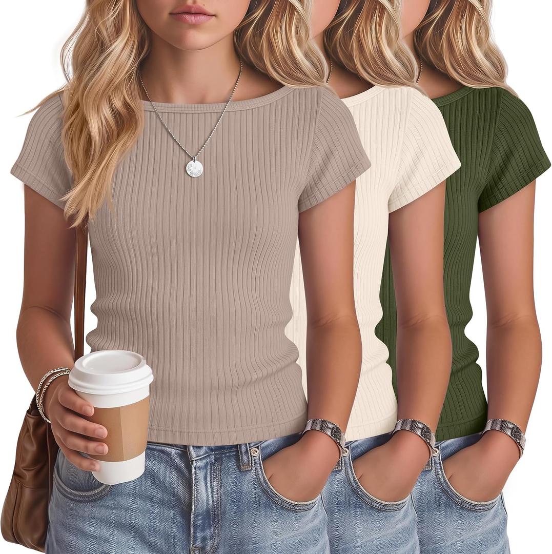 Oakgarden 3 Pack Girls Tops Short Cap Sleeve Boat Neck Kids Slim Fit Shirts Ribbed Teen Basic Casual Solid Trendy Tees Summer