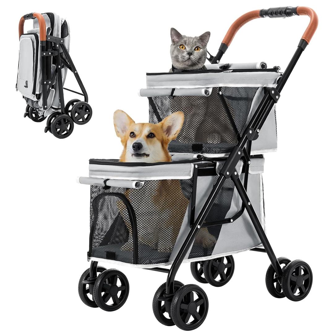 Double Pet Stroller for Dogs and Cats, One-Hand Folding Dog Stroller Travel Carriage for Small Medium Dogs Cats, 4 Wheels, Gray