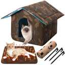 Ylinge Cat House Outdoor Waterproof Houses for Feral Cats Dogs Pet Shelter Collapsible Dog House with Self Warming Pad Blanket, 3 Pcs Tent Stakes(14 x 12 x 13 Inch)