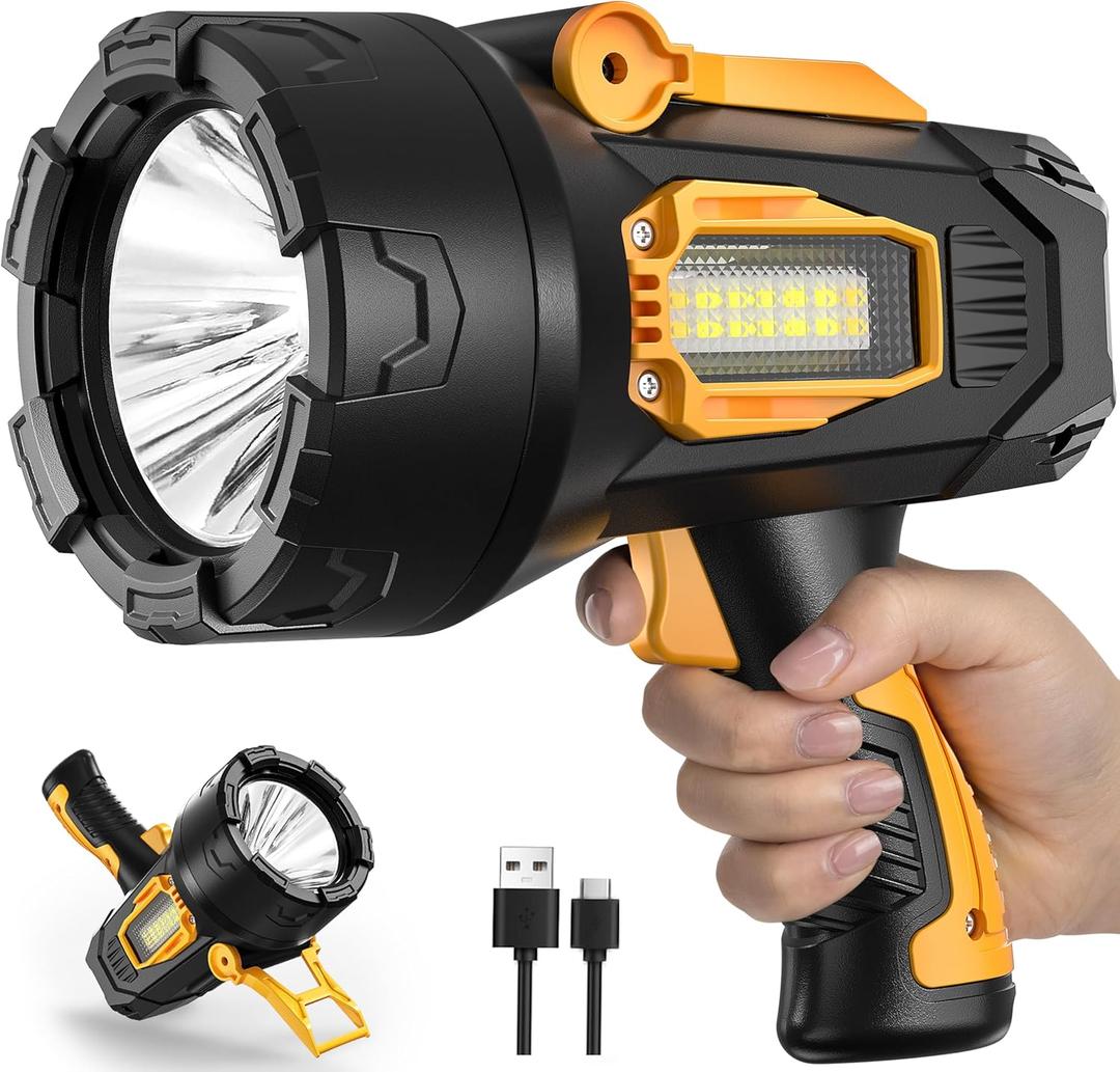 MIXILIN Rechargeable Spotlight 90,000 Lumens, Super Bright LED Spotlight Flashlight Outdoor with COB Light & Foldable Tripod, 10000Ah Long Lasting Large Handheld Spot Light for Boating Camping