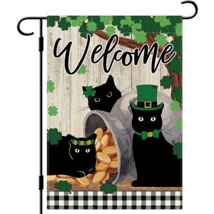 DLZDN St Patricks Day Black Cat Garden Flag Shamrocks Clovers Garden Flag 1218 Inch Double Sided Buffalo Plaid Farmhouse Welcome Yard Flag Holiday Outdoor Decor