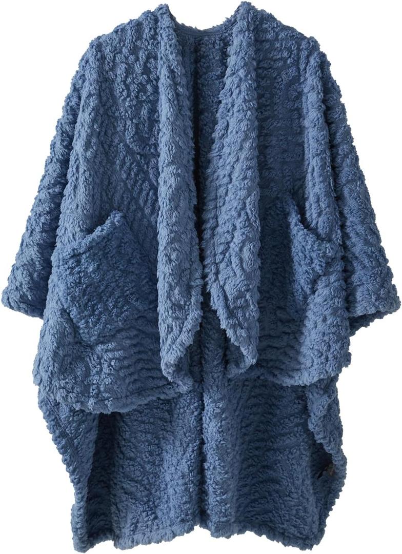 Royoliving Fuzzy Sherpa Wearable Fleece Blanket with Pockets for Adults, Ultra Soft Plush Shawl TV Throw Blankets (Denim, 58'' x 64'')