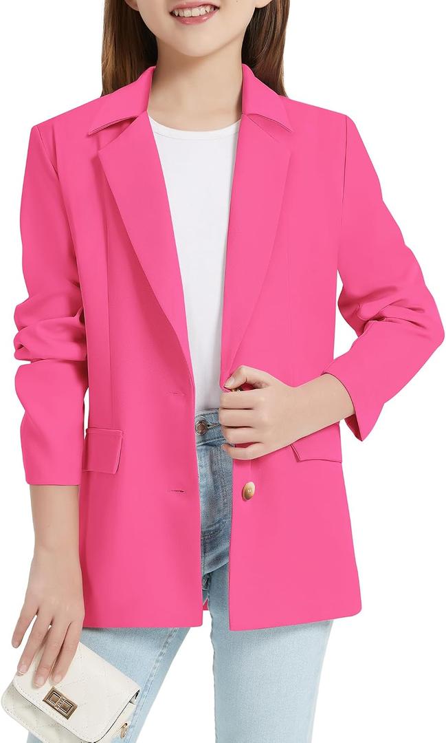 EXARUS Girls Blazer Kids Blazers Jacket Teen Suit Graduation Hot Pink Blazer Long Sleeve Open Front Button Formal Lapel Collar with Inner Pockets School 10Y