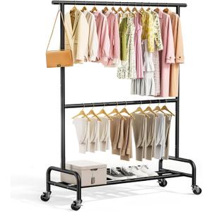 Abiglifty 2 Tier Rolling Clothes Rack, Heavy-Duty Clothing Rack with Wheels,150LBS Capacity, 43" W X17 D X 75" H Rack for Clothes to Hang, for Bedroom, Living Room, Black, 2026 NEW